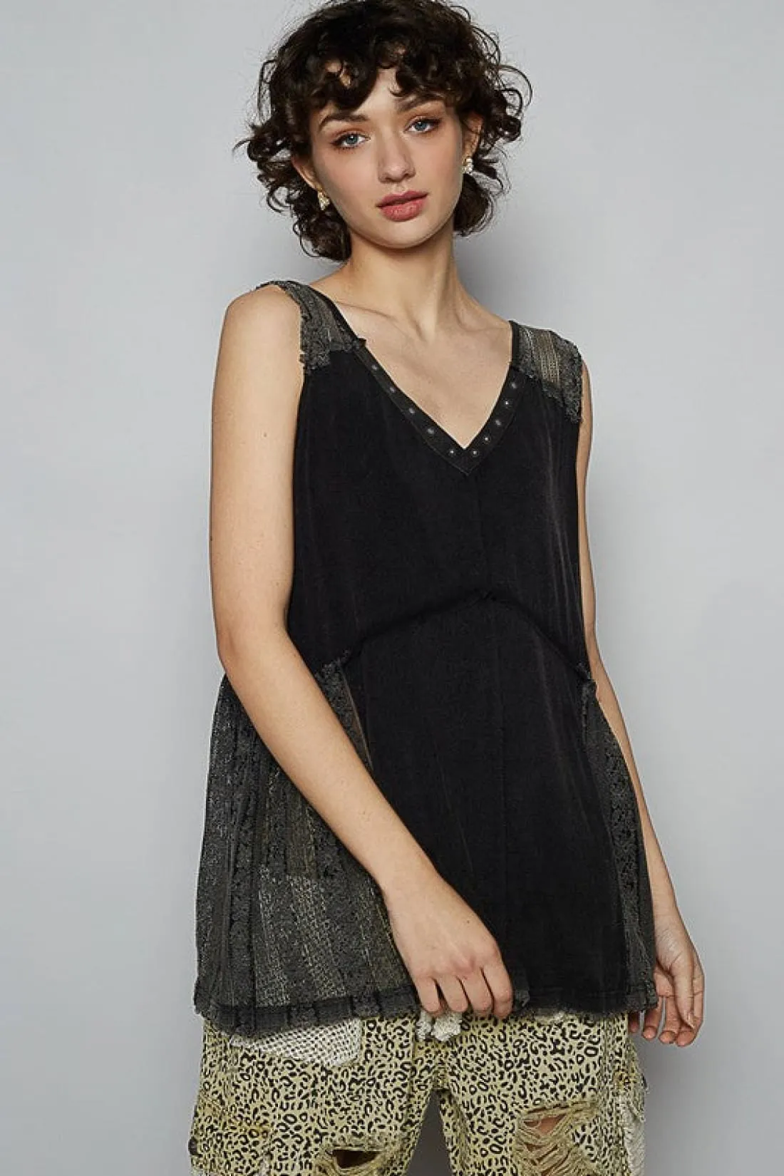 POL Lace Detail Studded Crisscross Back Top
