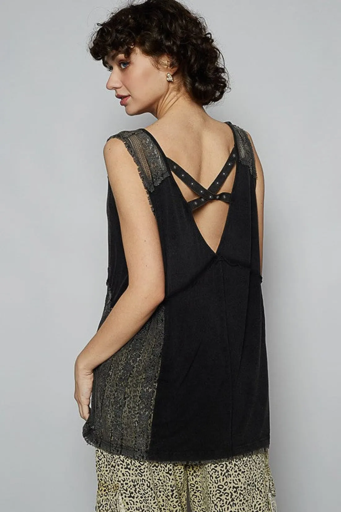 POL Lace Detail Studded Crisscross Back Top