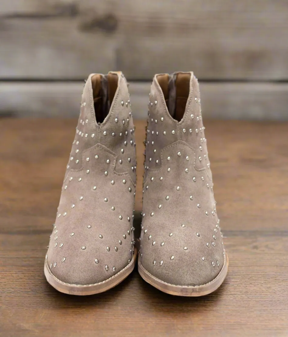 Pour Me Another Studded Heeled Ankle Boot in Taupe