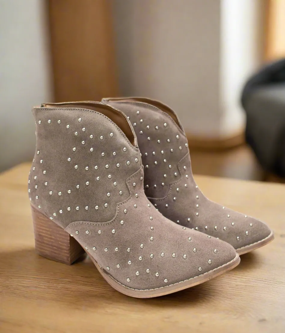 Pour Me Another Studded Heeled Ankle Boot in Taupe