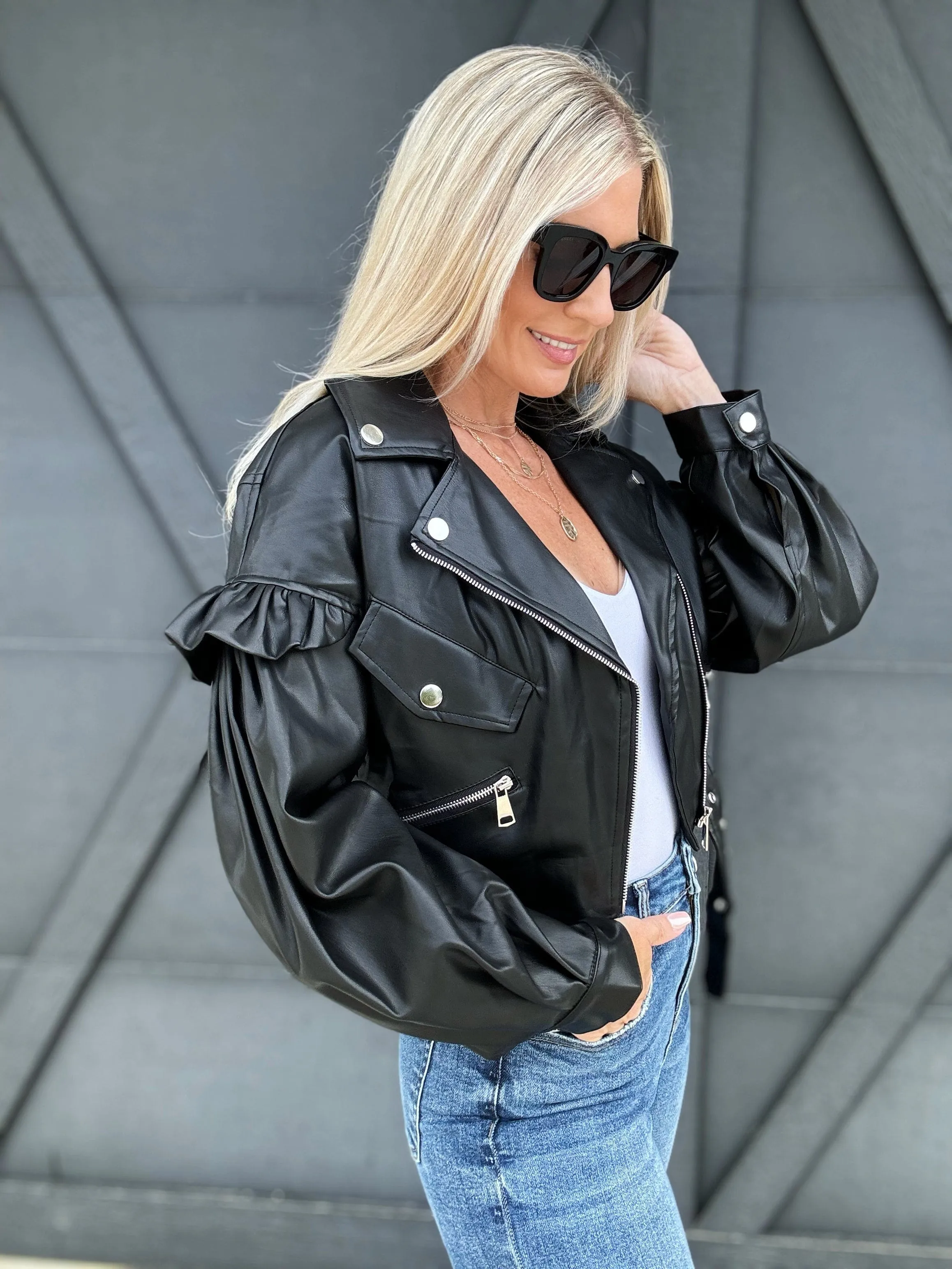 Puff Ruffle Cropped Vegan Leather Jacket In Black