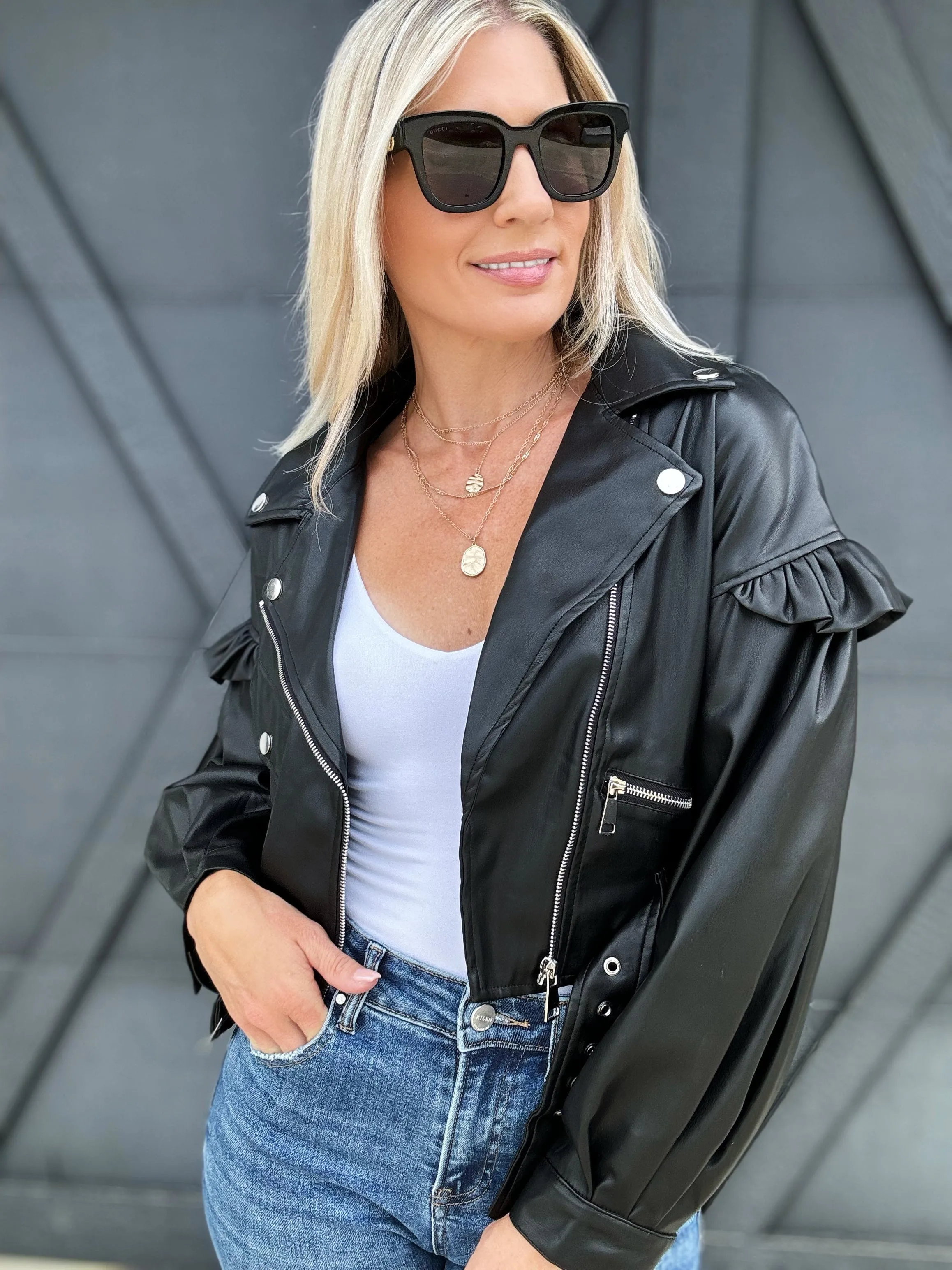 Puff Ruffle Cropped Vegan Leather Jacket In Black
