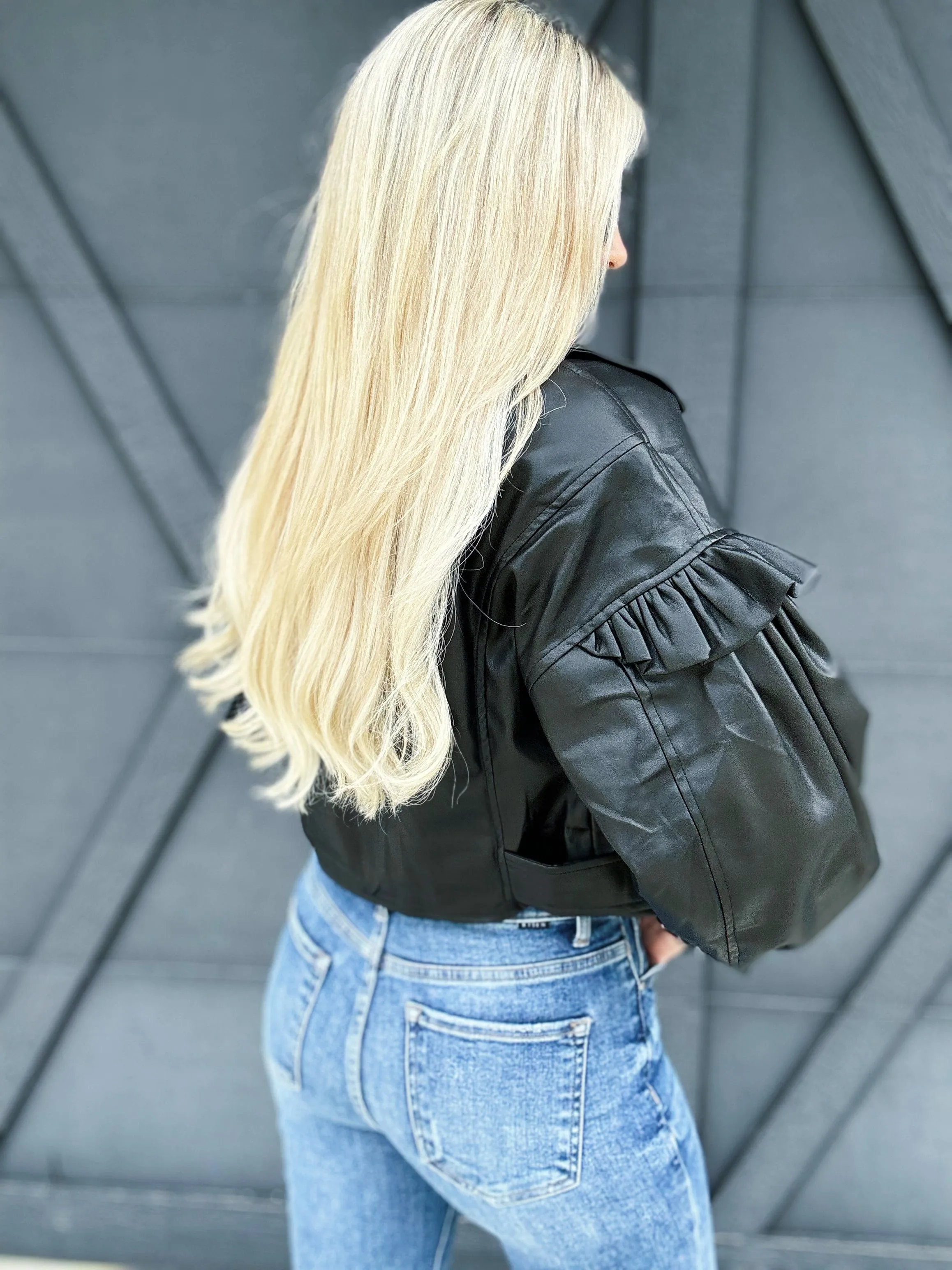 Puff Ruffle Cropped Vegan Leather Jacket In Black