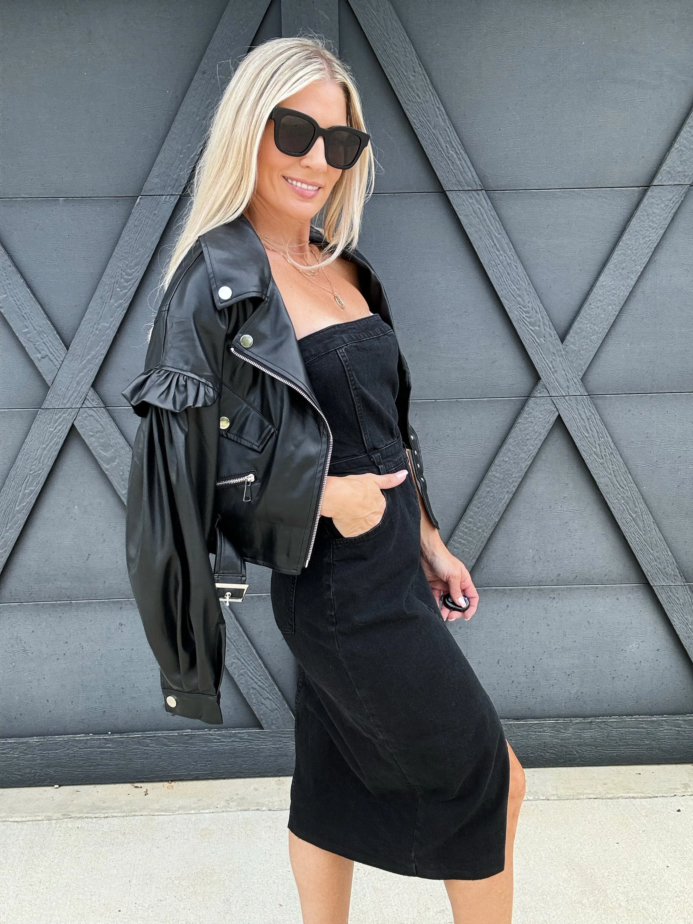 Puff Ruffle Cropped Vegan Leather Jacket In Black