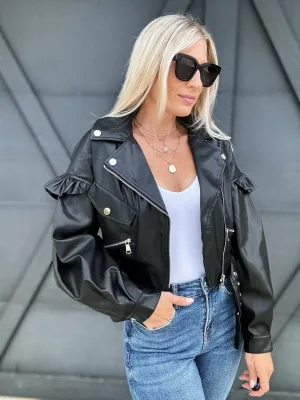 Puff Ruffle Cropped Vegan Leather Jacket In Black