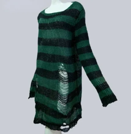 Punk Gothic Long Unisex Sweater Hollow Out Hole Distressed Sweater