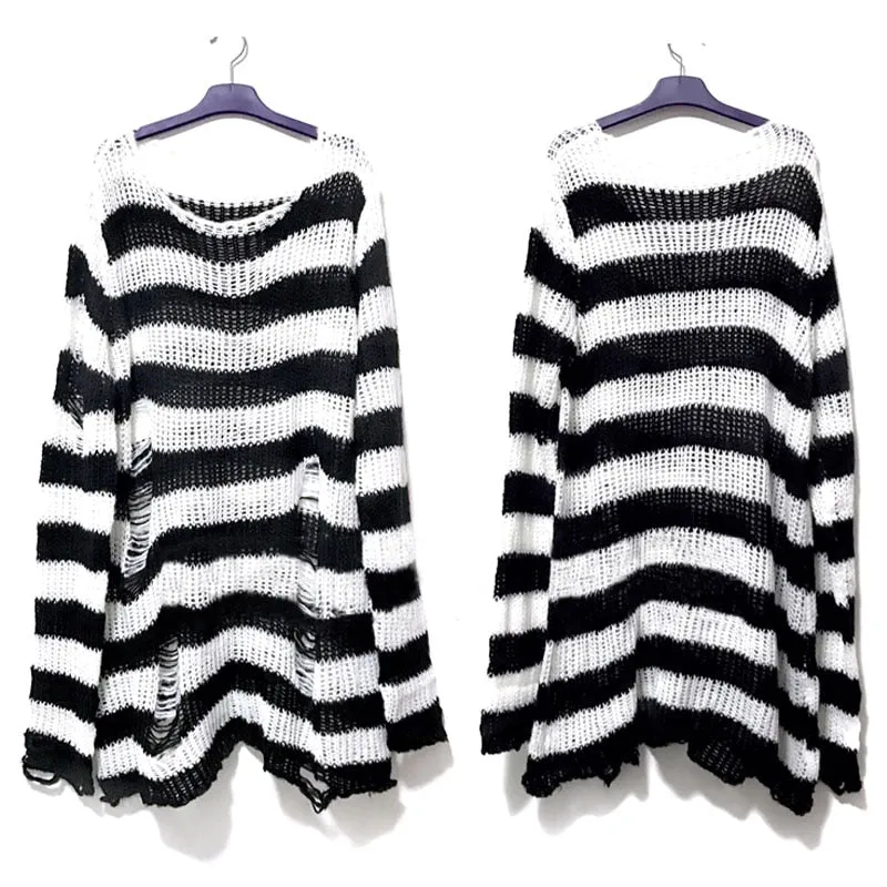 Punk Gothic Long Unisex Sweater Hollow Out Hole Distressed Sweater