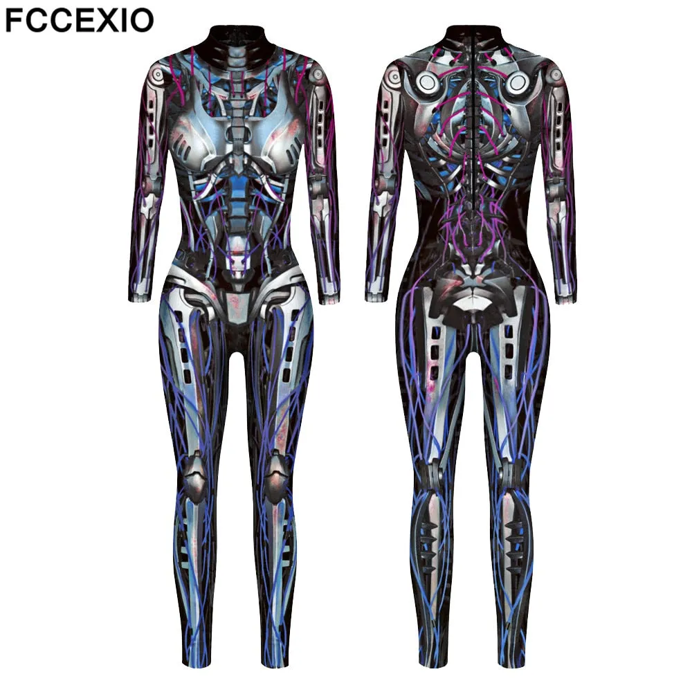 Punk Steam Cool Style Mechanical Pattern 3D Print Sexy Bodysuits Women Plus Size Long Sleeve