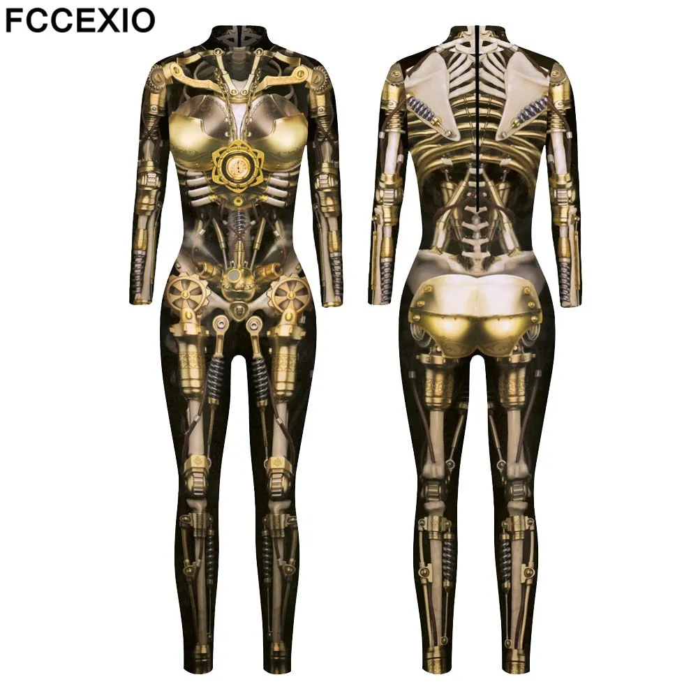 Punk Steam Cool Style Mechanical Pattern 3D Print Sexy Bodysuits Women Plus Size Long Sleeve