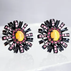 "Black Dahlia" 1.25" Earrings - Opal, Rhodolite Garnet, Ruby, Black Sterling