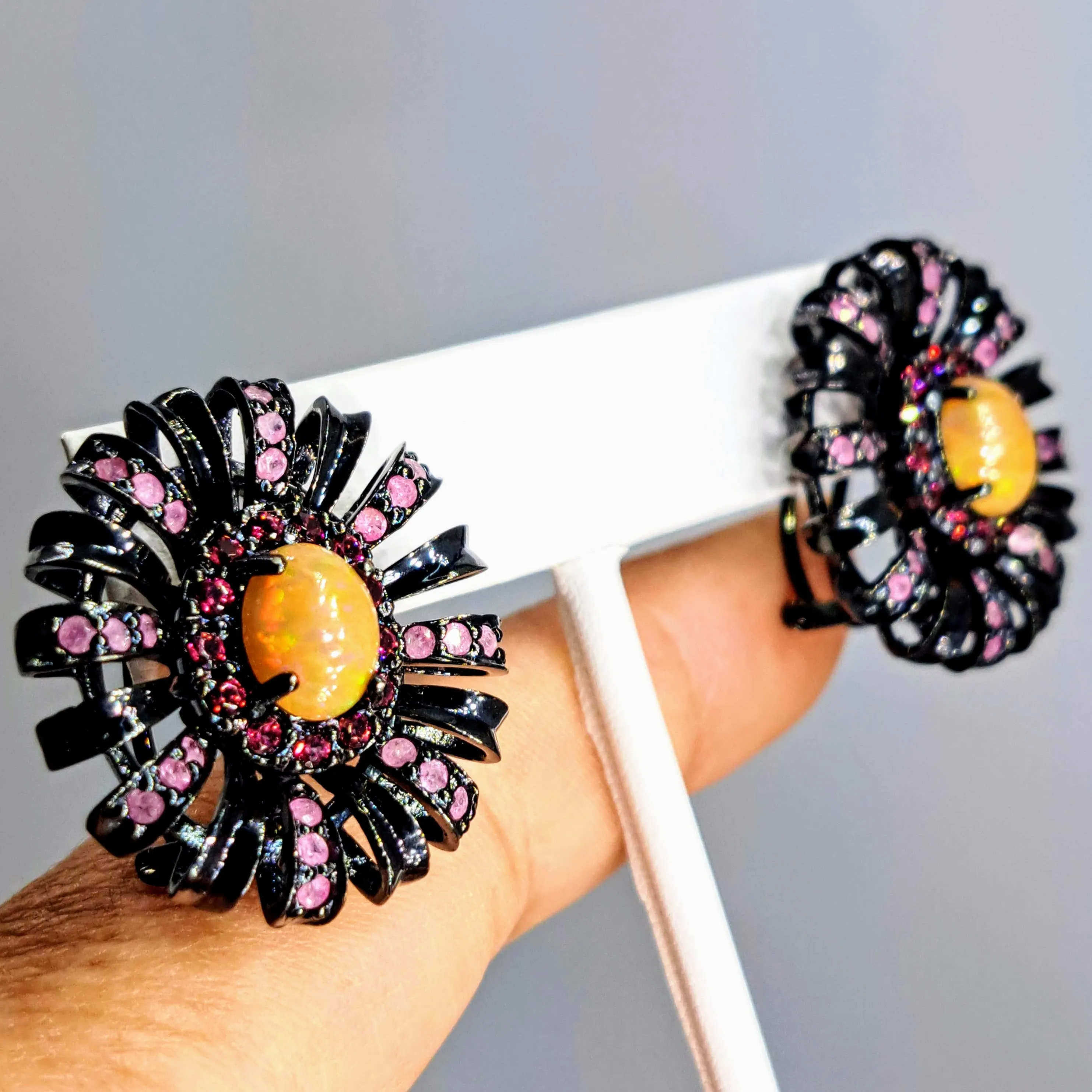 "Black Dahlia" 1.25" Earrings - Opal, Rhodolite Garnet, Ruby, Black Sterling