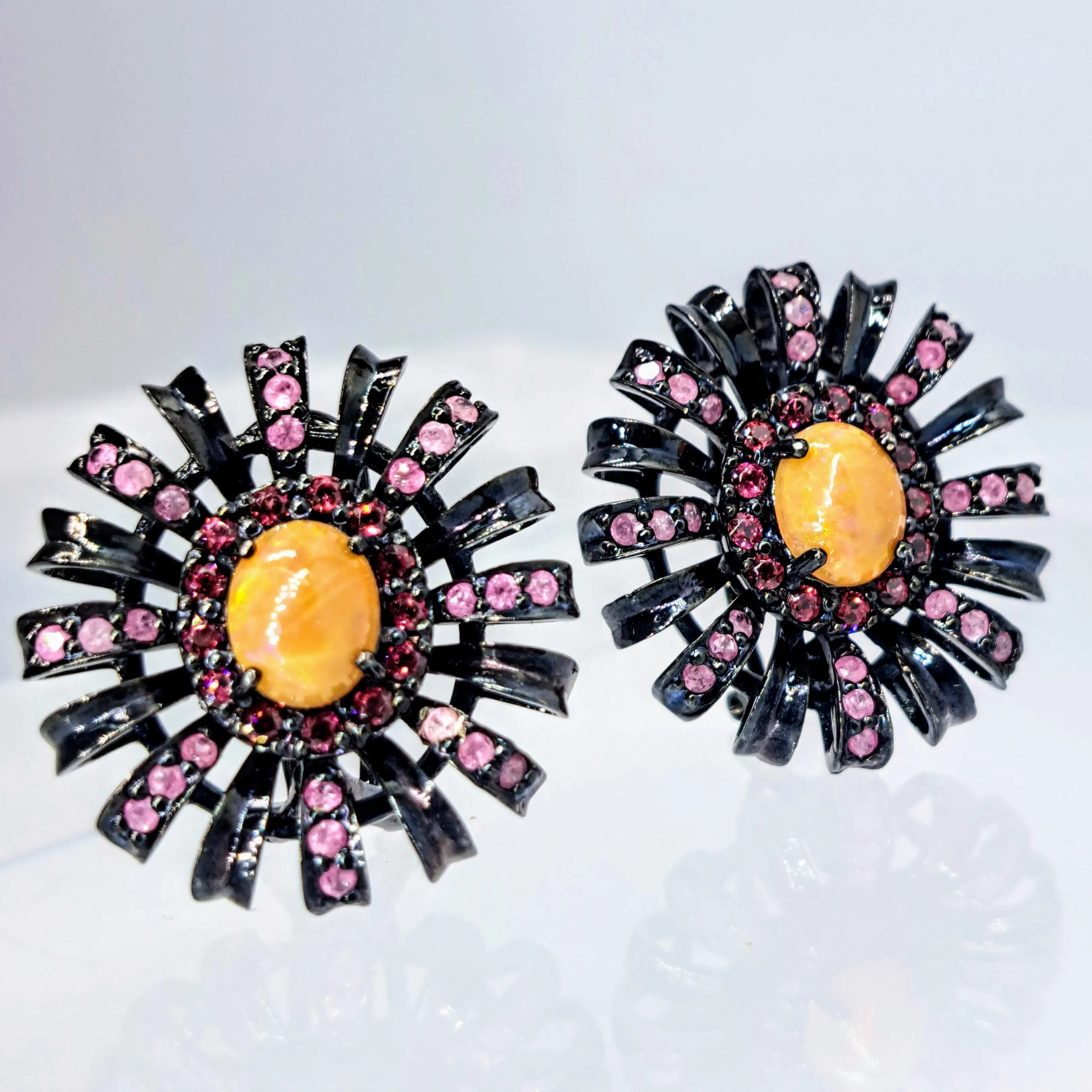 "Black Dahlia" 1.25" Earrings - Opal, Rhodolite Garnet, Ruby, Black Sterling