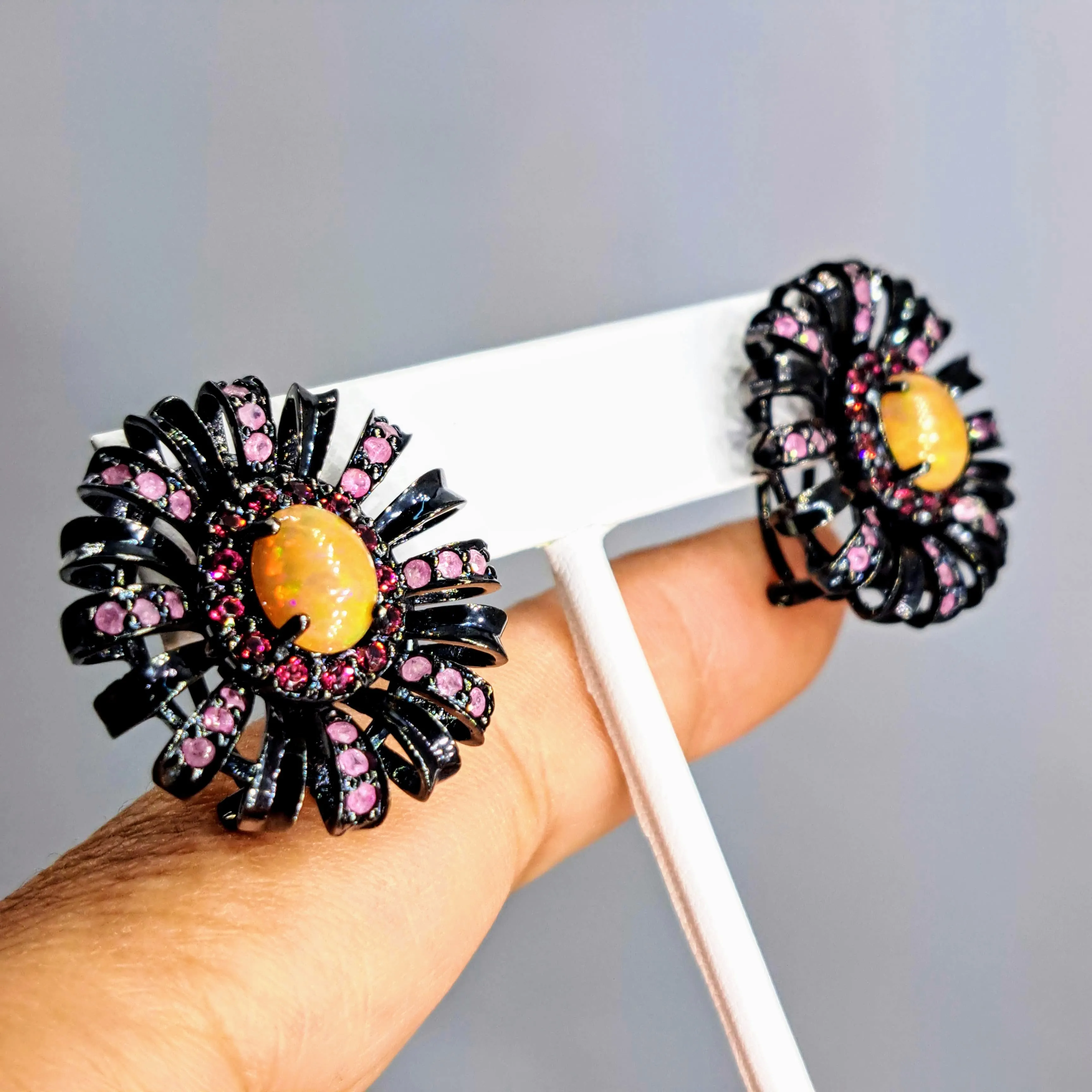 "Black Dahlia" 1.25" Earrings - Opal, Rhodolite Garnet, Ruby, Black Sterling