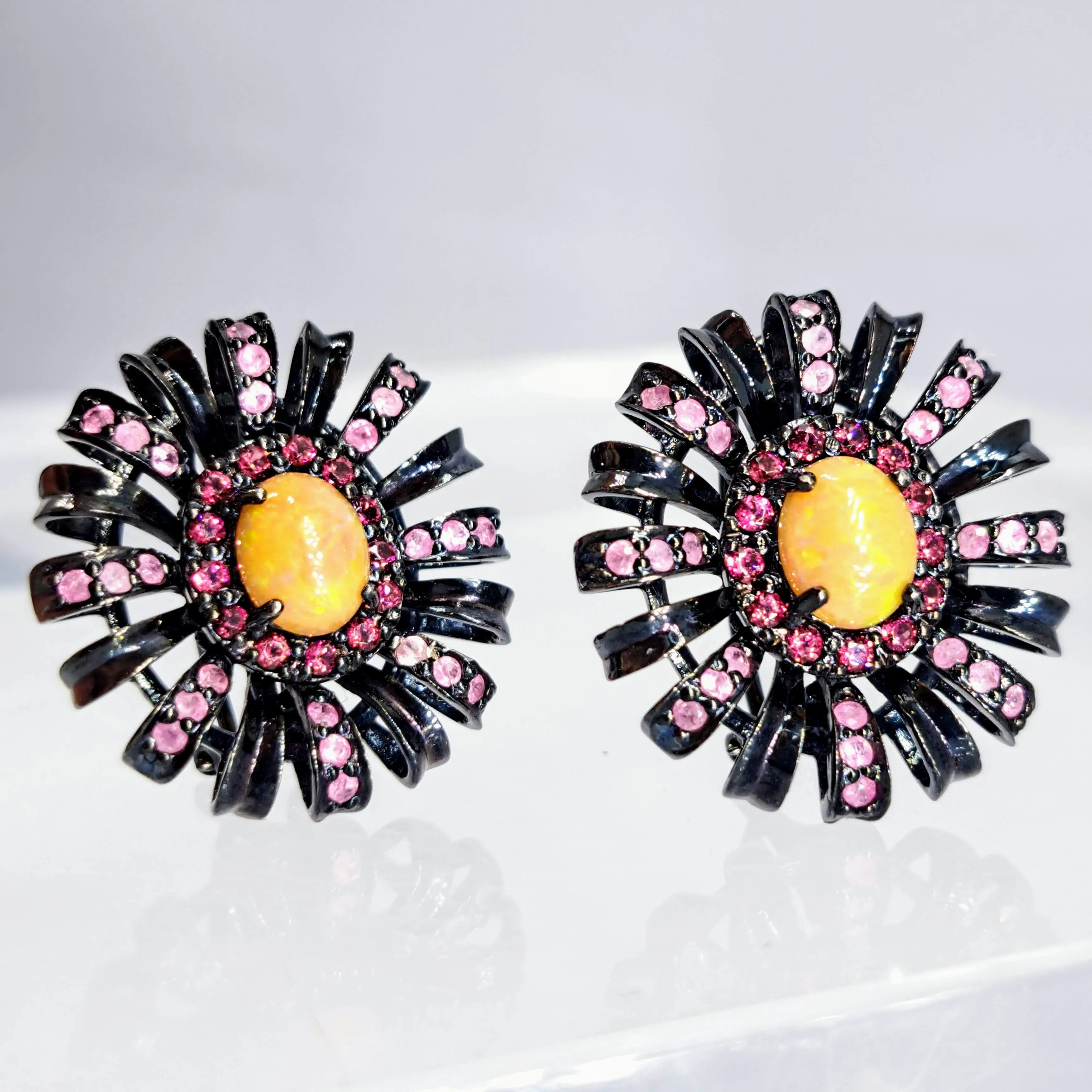 "Black Dahlia" 1.25" Earrings - Opal, Rhodolite Garnet, Ruby, Black Sterling