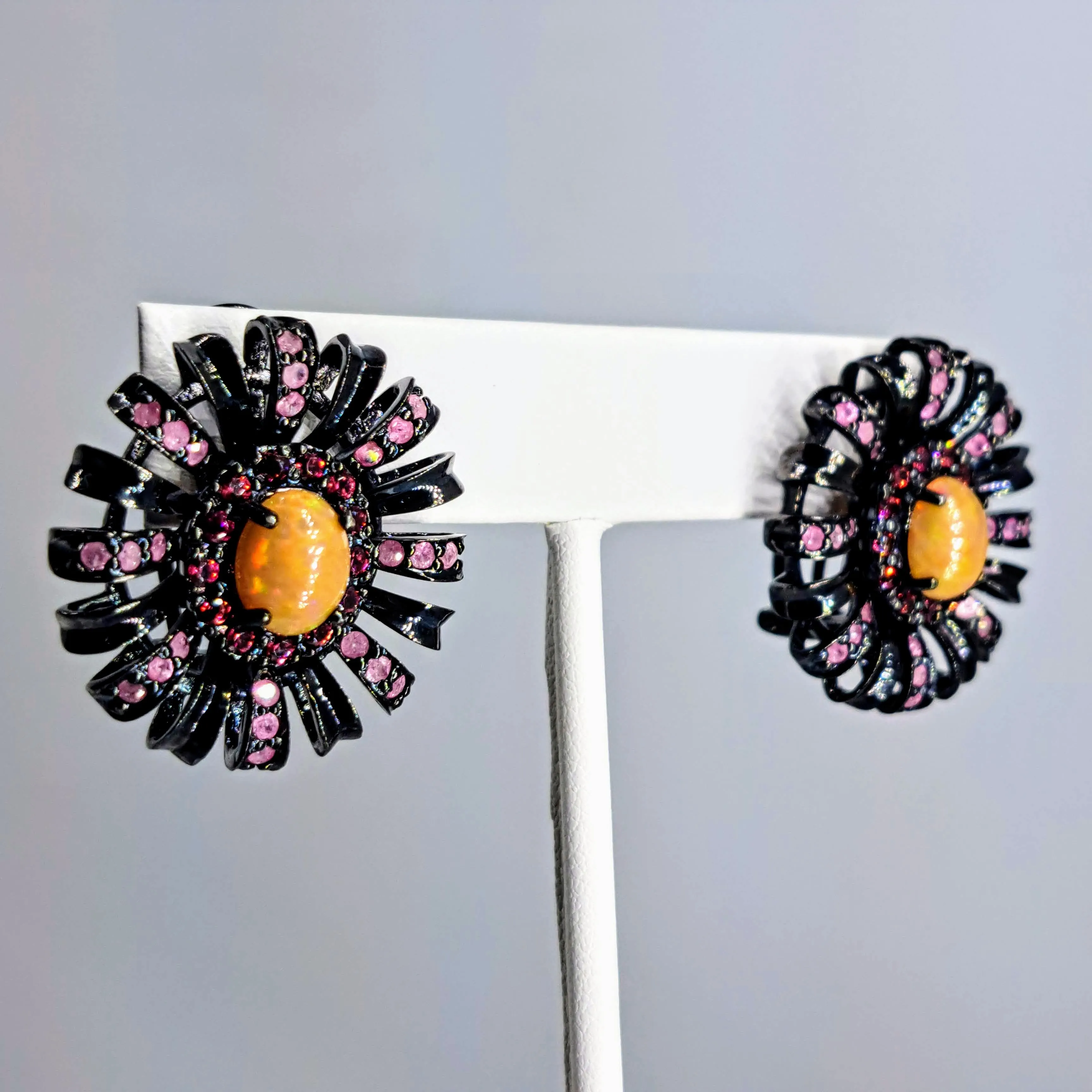 "Black Dahlia" 1.25" Earrings - Opal, Rhodolite Garnet, Ruby, Black Sterling