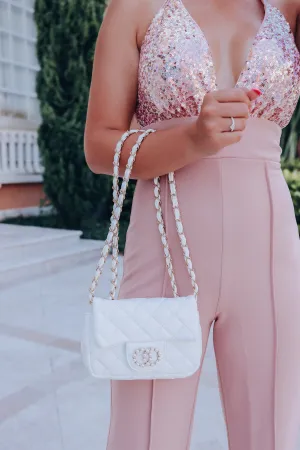 Ritzy Quilted Embellished Purse - White