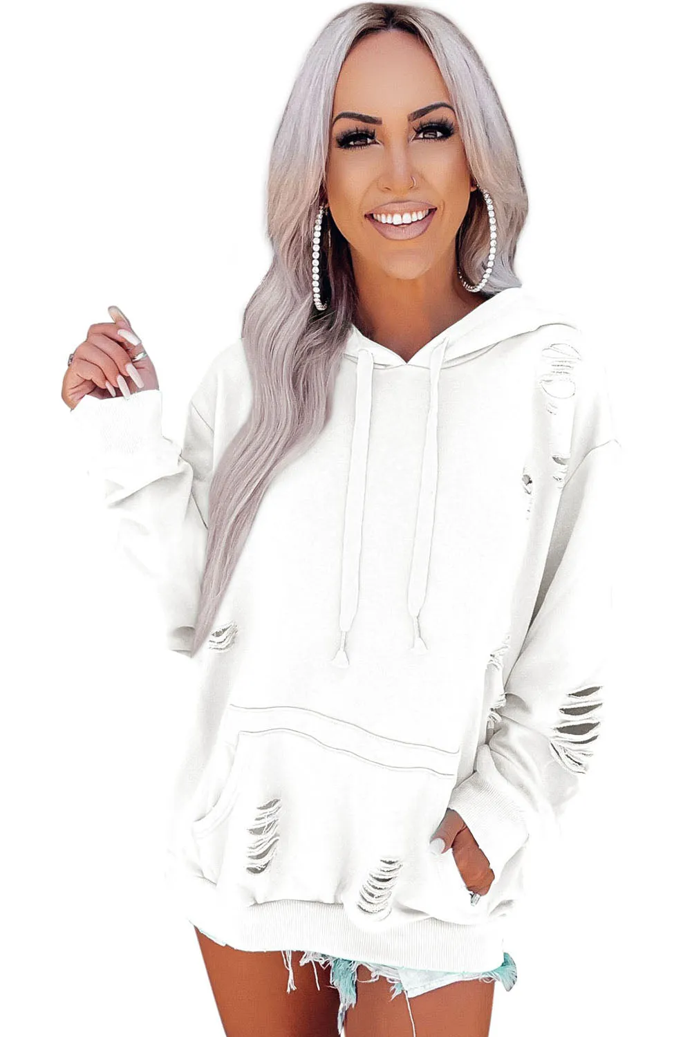Shabby Distressed Drawstring Hoodie