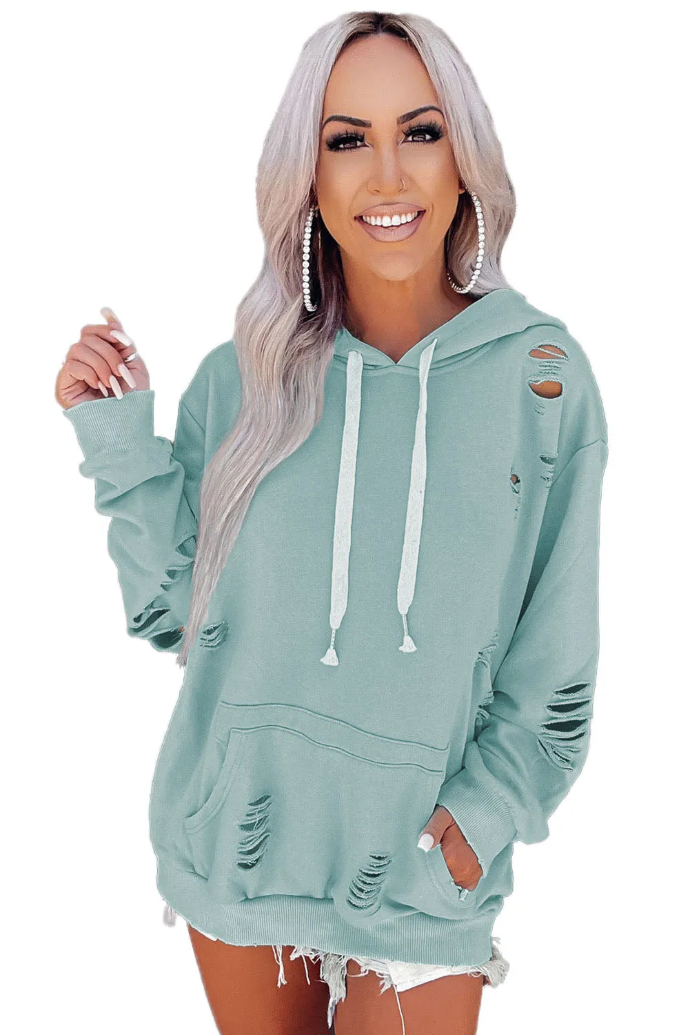 Shabby Distressed Drawstring Hoodie