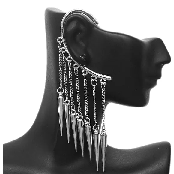 Silver 1 Piece Spiked Drop Chain Dangle Earring