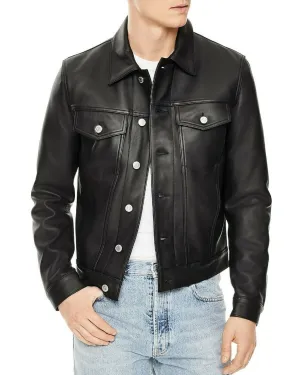 Slim Fit Trucker Cafe Racer Biker Bomber Black Genuine Sheep Leather Jacket