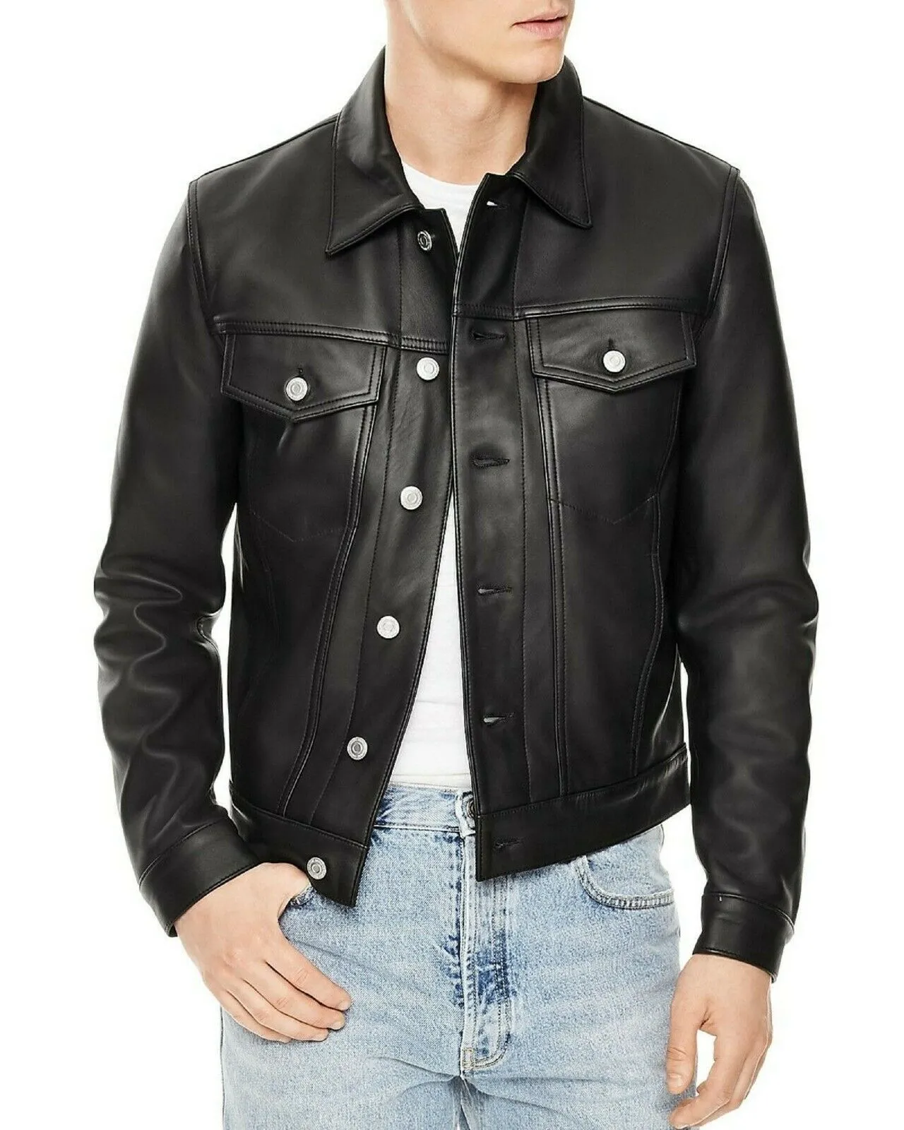 Slim Fit Trucker Cafe Racer Biker Bomber Black Genuine Sheep Leather Jacket
