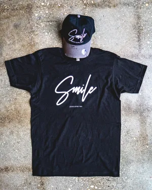 Smile Jesus Loves You Adult Box T-Shirt & Black/Grey Distressed Hat Bundle