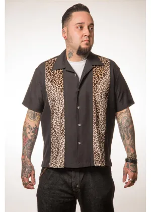 Steady Clothing Mens Leopard Panel Button Up Shirt Black