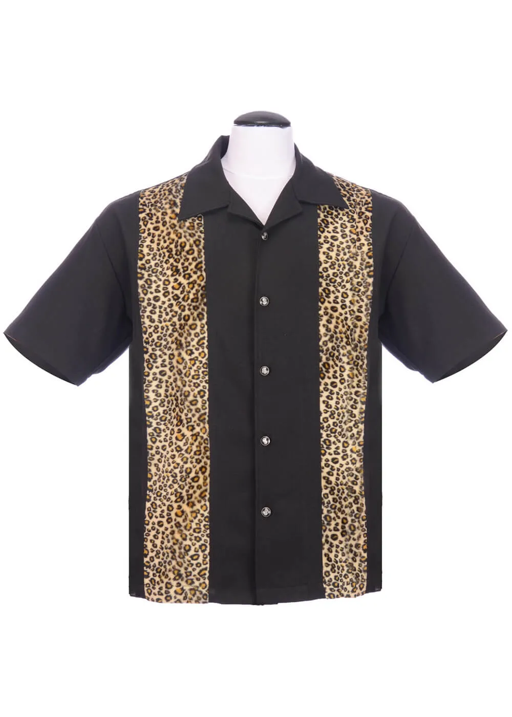 Steady Clothing Mens Leopard Panel Button Up Shirt Black