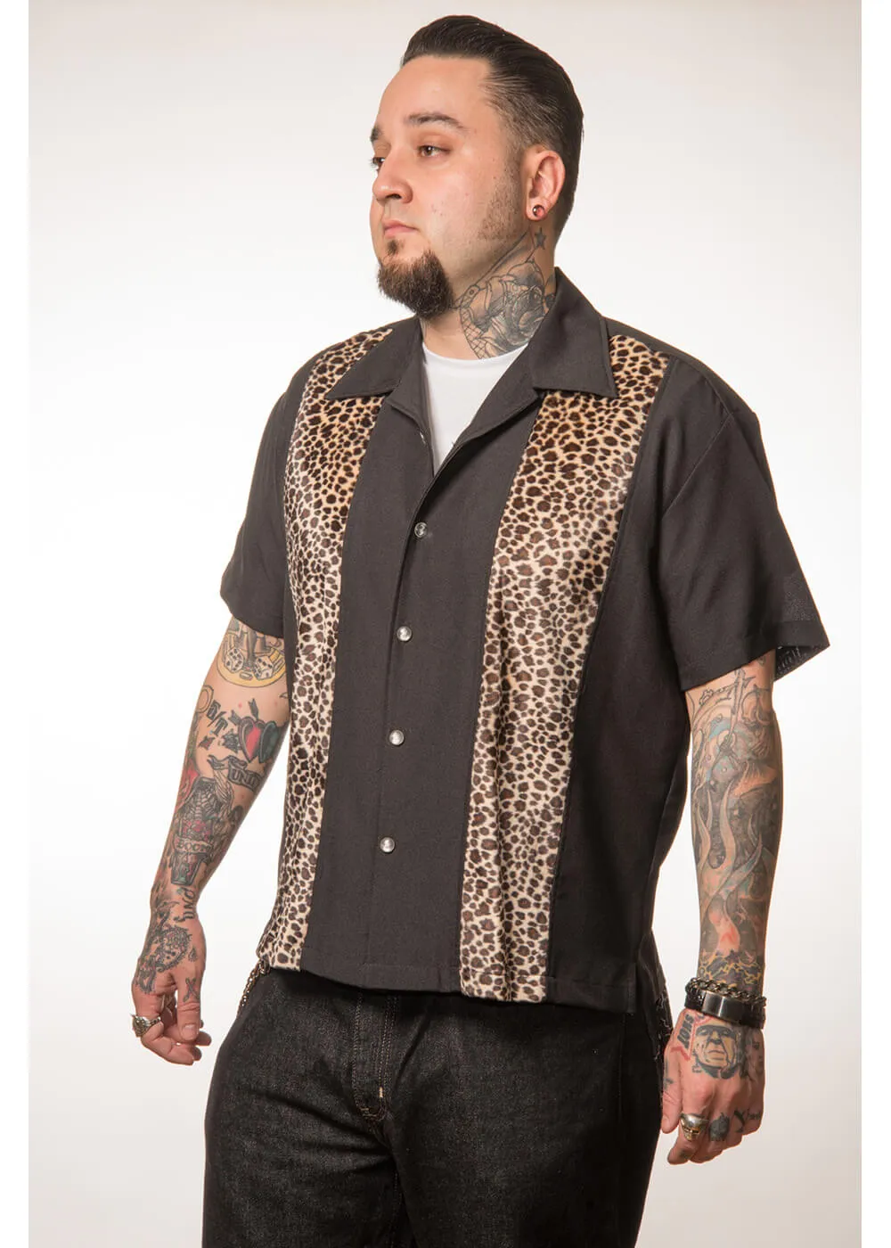 Steady Clothing Mens Leopard Panel Button Up Shirt Black