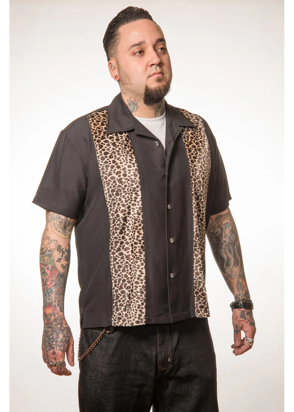 Steady Clothing Mens Leopard Panel Button Up Shirt Black