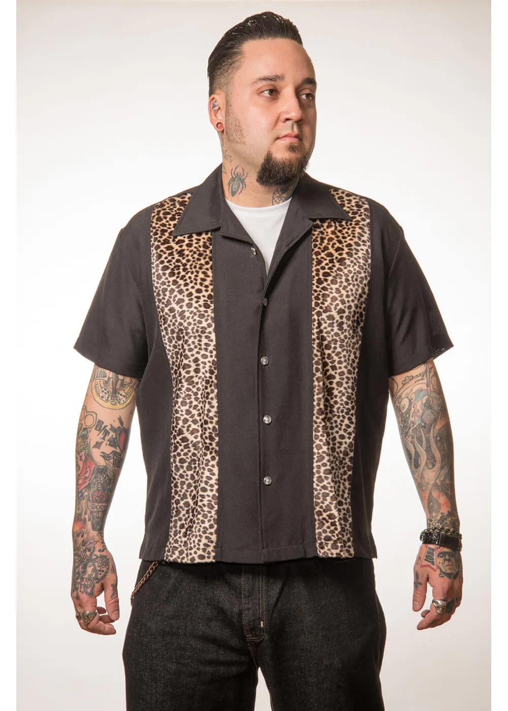 Steady Clothing Mens Leopard Panel Button Up Shirt Black