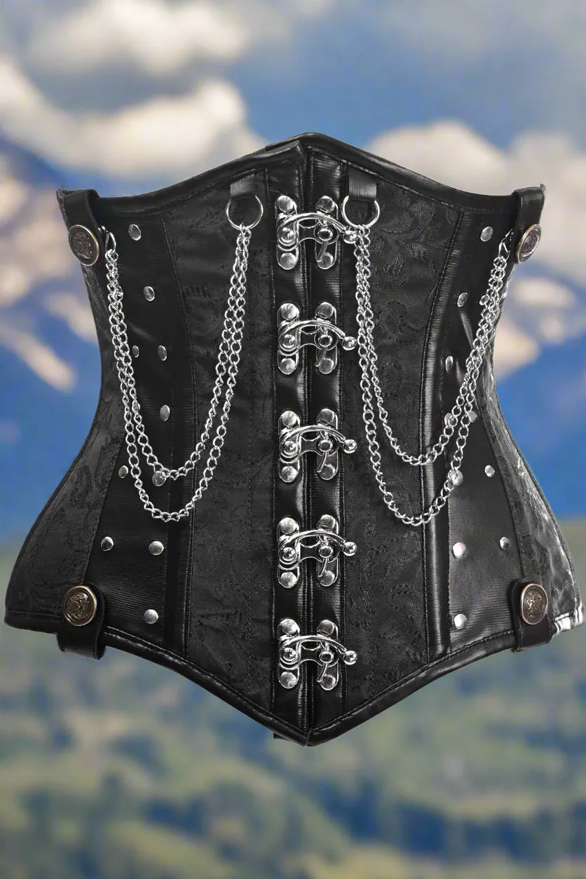 Steel Boned Under Bust Corset with Chains and Clasps in Black or Brown