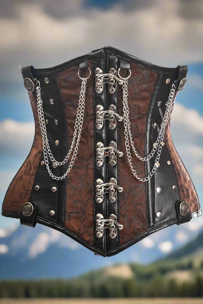 Steel Boned Under Bust Corset with Chains and Clasps in Black or Brown