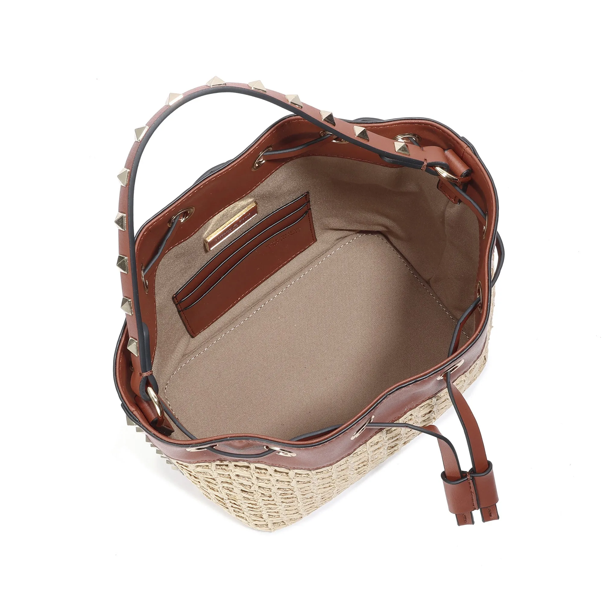 Studded Woven Raffia & Leather Bucket Bag
