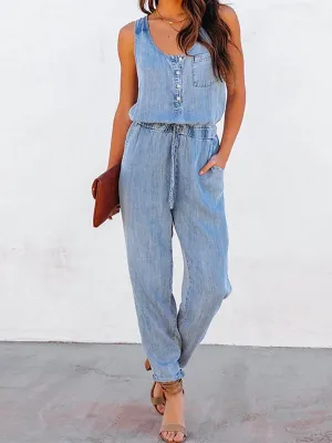 Stunncal Drawstring Waist Distressed Denim Tank Jumpsuit