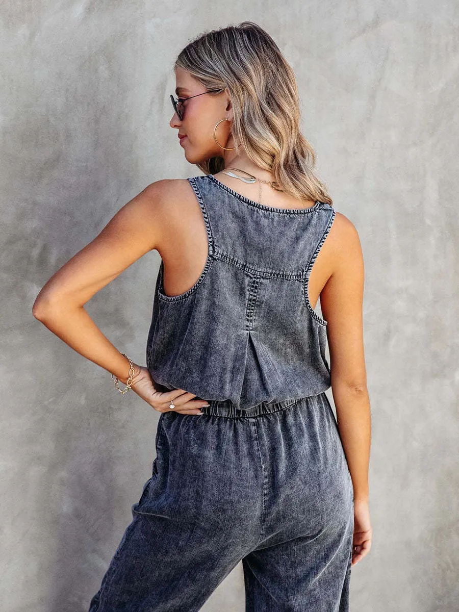 Stunncal Drawstring Waist Distressed Denim Tank Jumpsuit