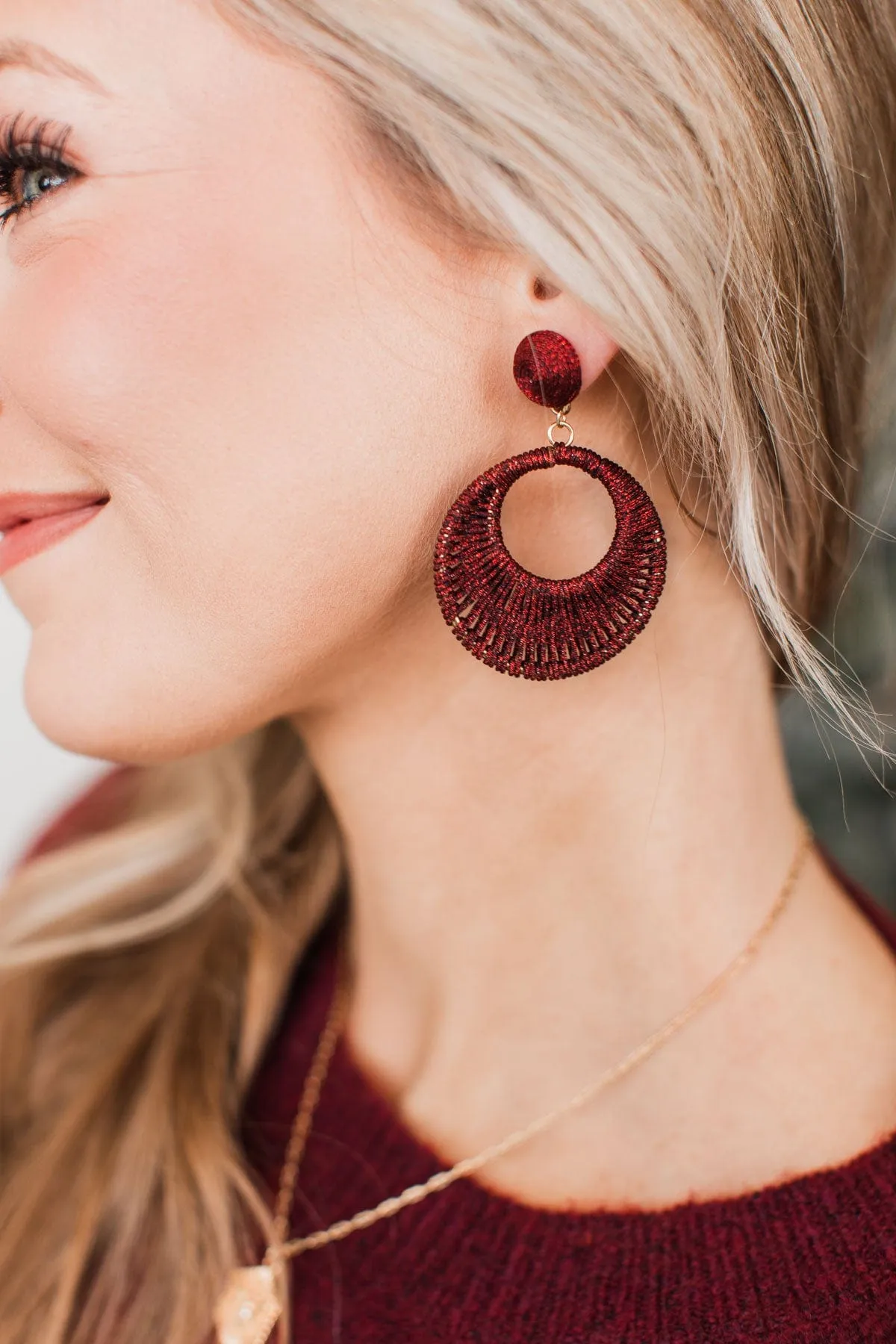 Stunning Style Woven Drop Earrings- Burgundy