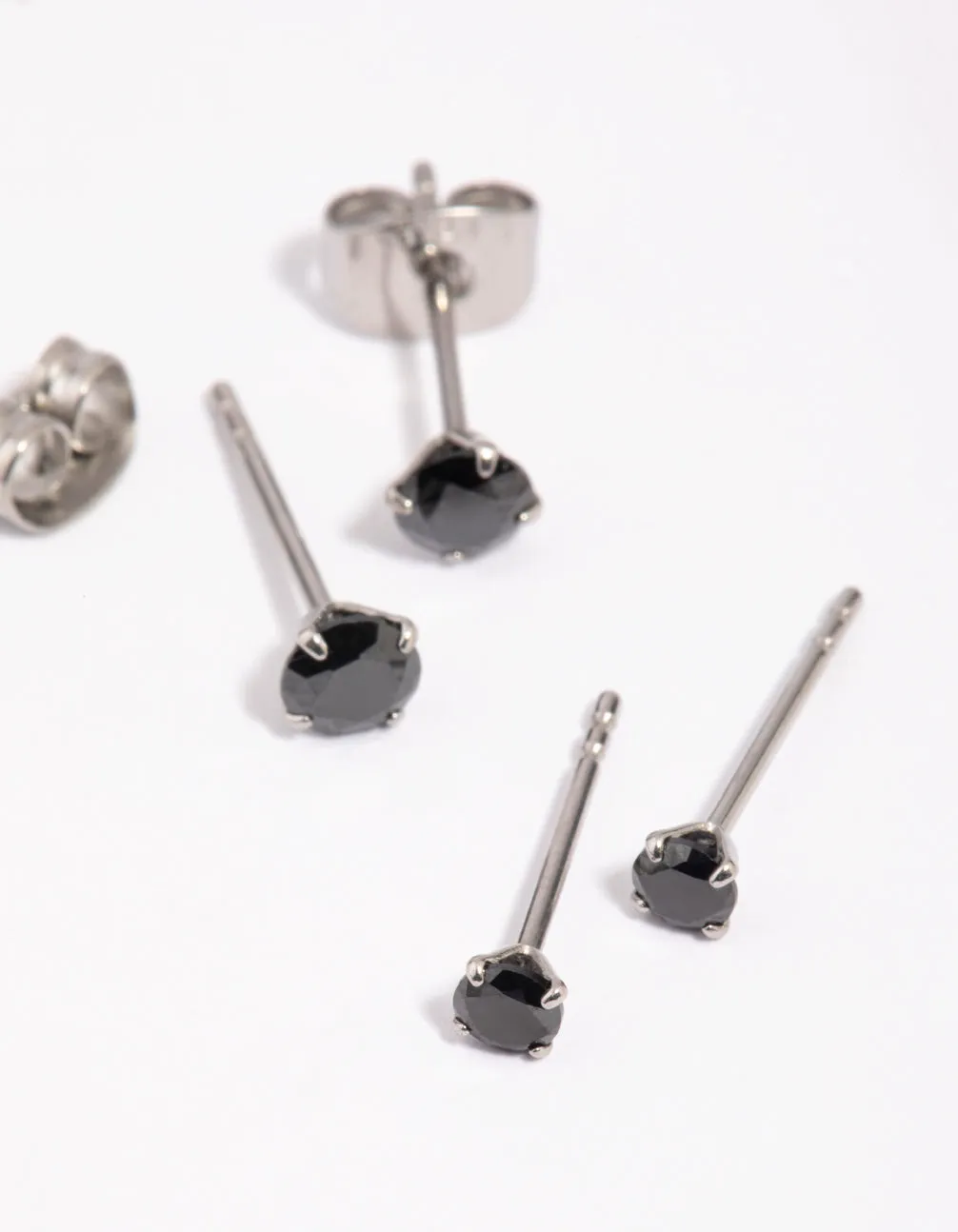 Surgical Steel Graduating Black Cubic Zirconia Stud Earrings 2-Pack