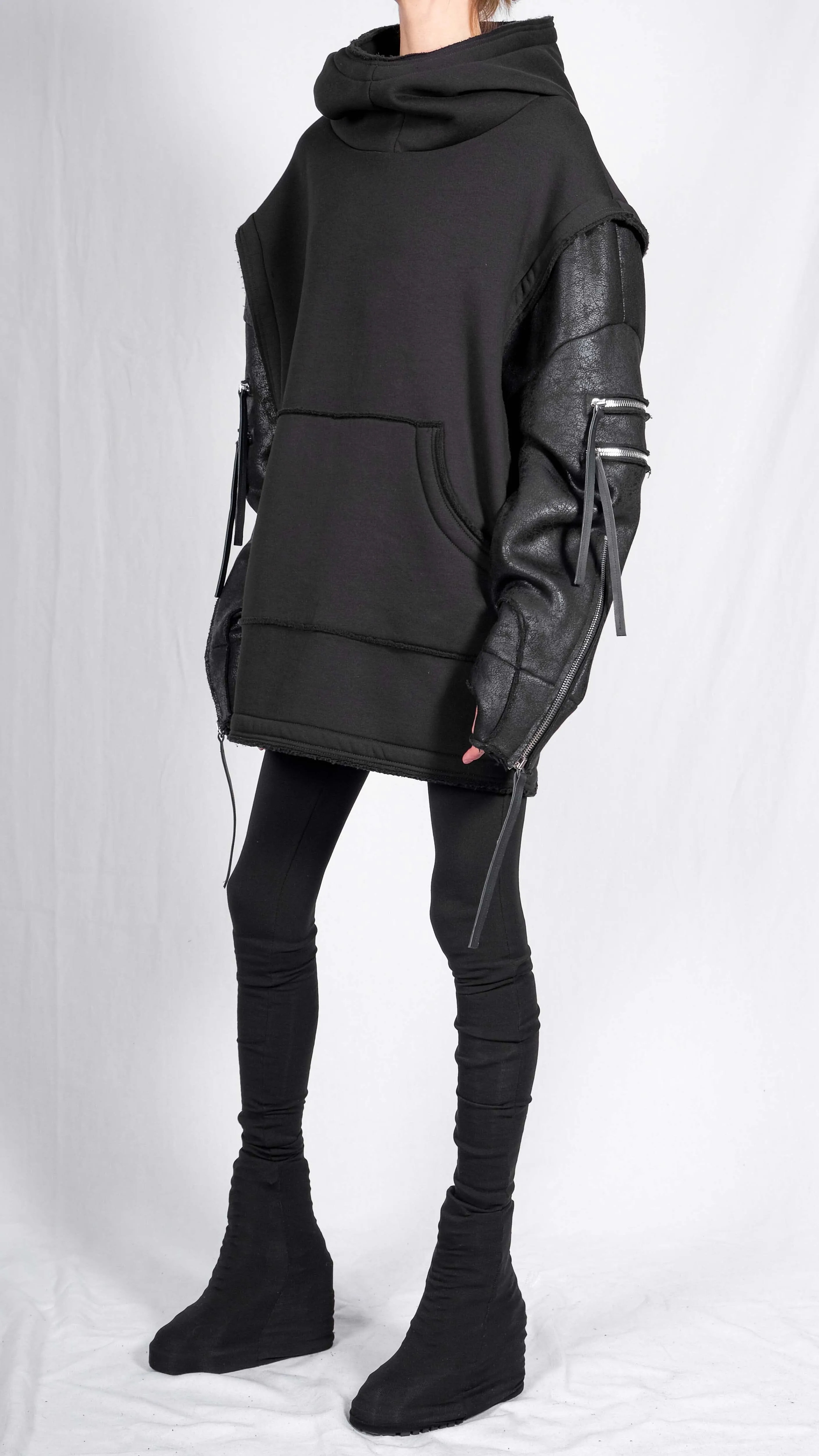 Sweatshirt Hoodie with Leather Sleeves