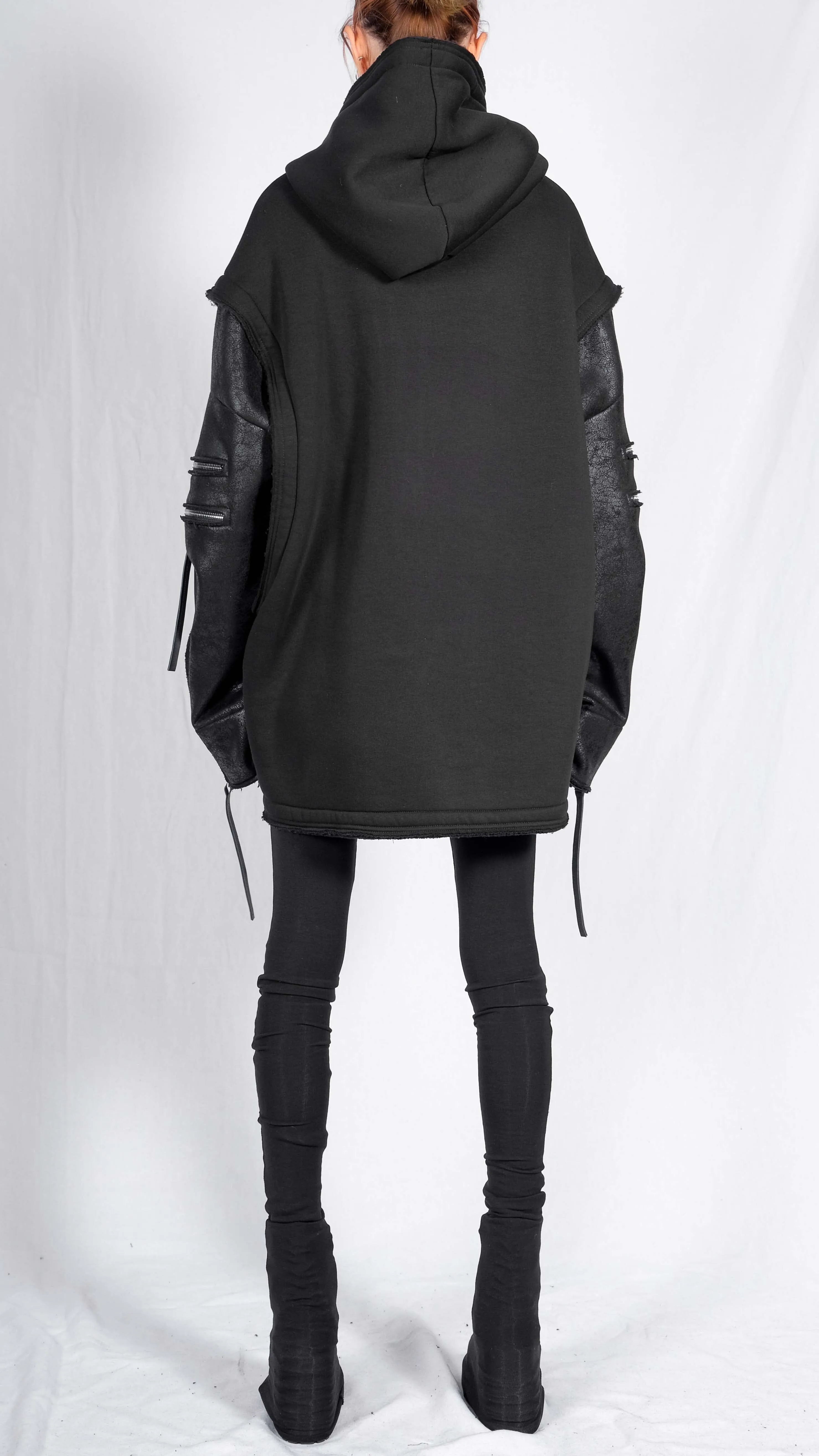 Sweatshirt Hoodie with Leather Sleeves