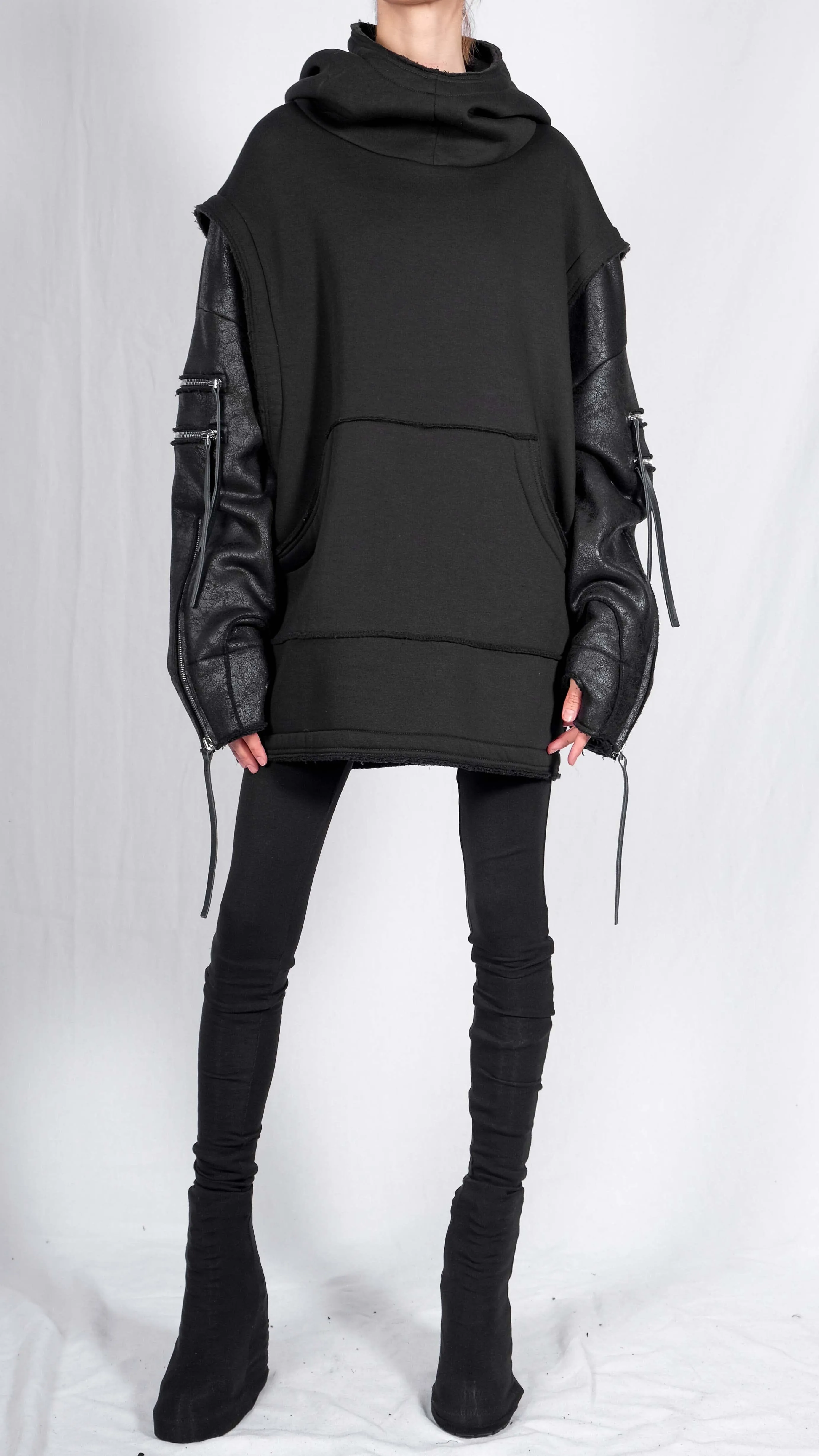 Sweatshirt Hoodie with Leather Sleeves