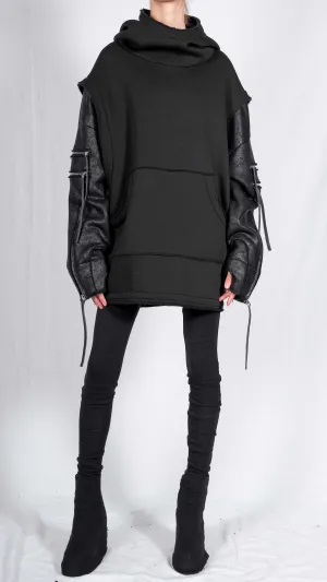 Sweatshirt Hoodie with Leather Sleeves