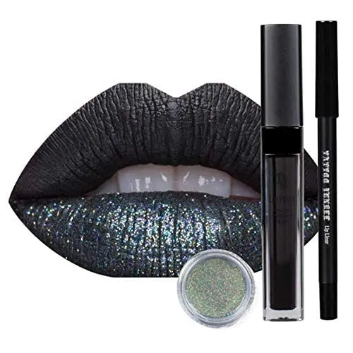 TATTOO JUNKEE Leather Goddess Kit - Includes Leather Black Lip Trio Paint Kit, Scorcher Cherry-Red Glitter Bomb Lip Balm, & Galactic Goddess Metallic Deep Plum Eyeshadow