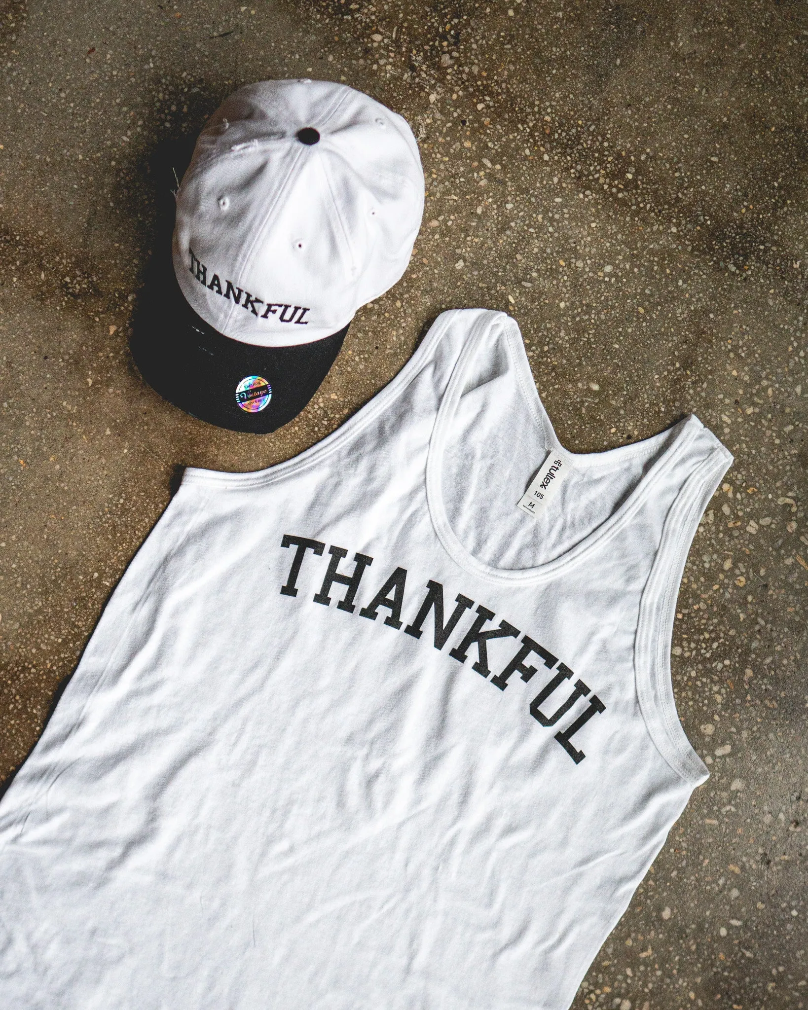 Thankful Adult Jersey Tank & White/Black Distressed Hat Bundle