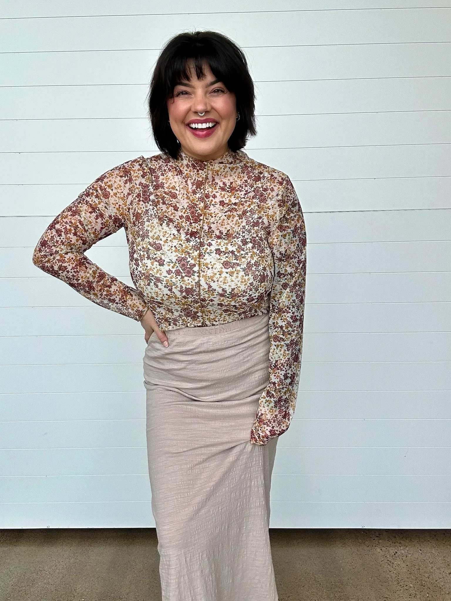 The Chelsey Floral Mock Neck Mesh Top