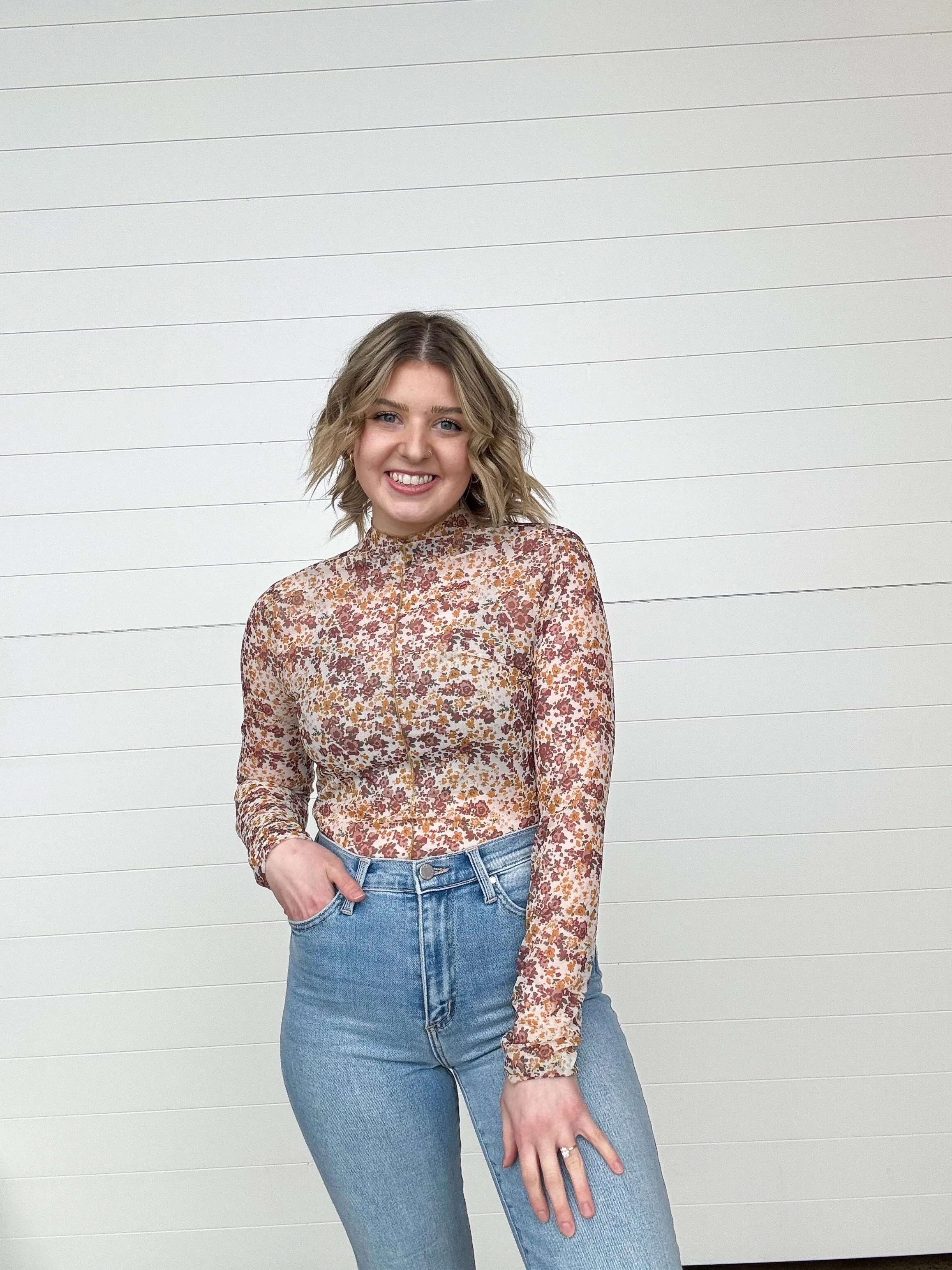 The Chelsey Floral Mock Neck Mesh Top