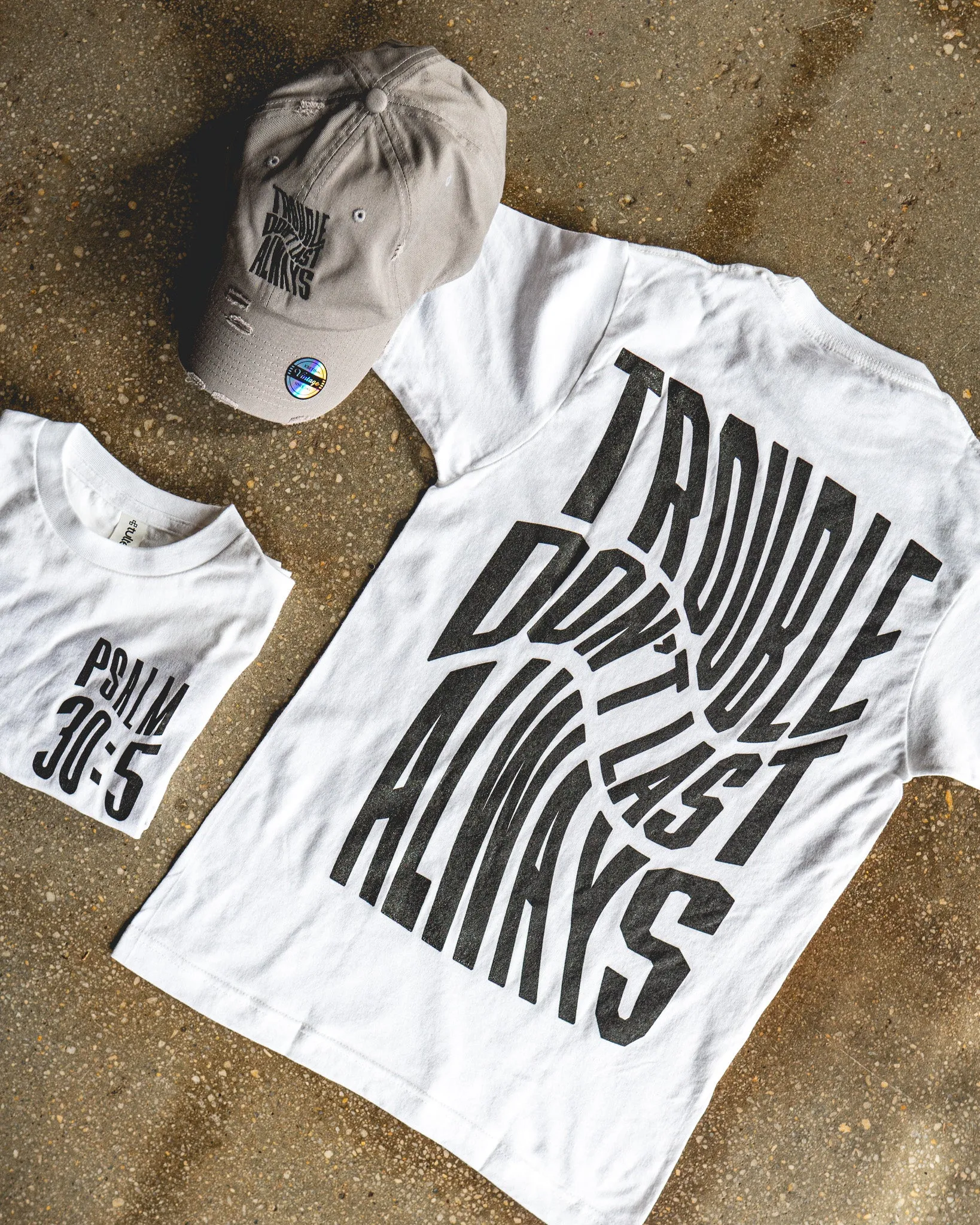 Trouble Don't Last Always Adult Box T-Shirt & Light Grey Distressed Hat Bundle