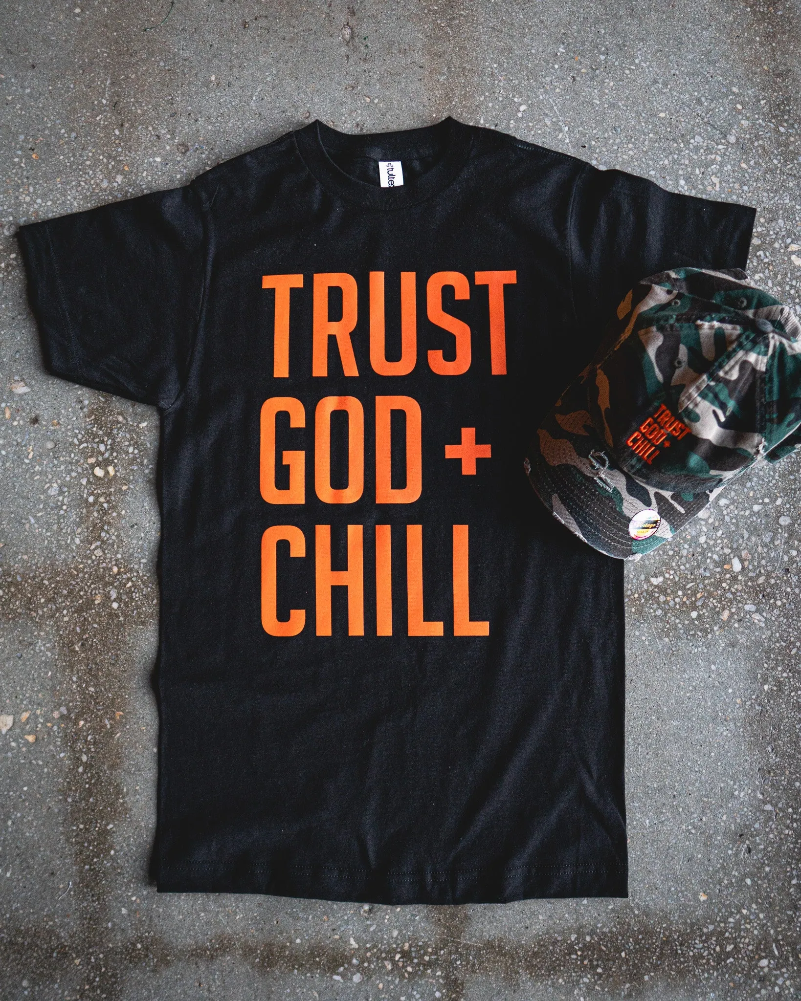 Trust God   Chill Adult Box T-Shirt & Camo Distressed Hat Bundle