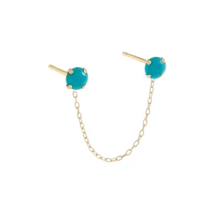 Turquoise Stone Double Chain Stud Earring 14K