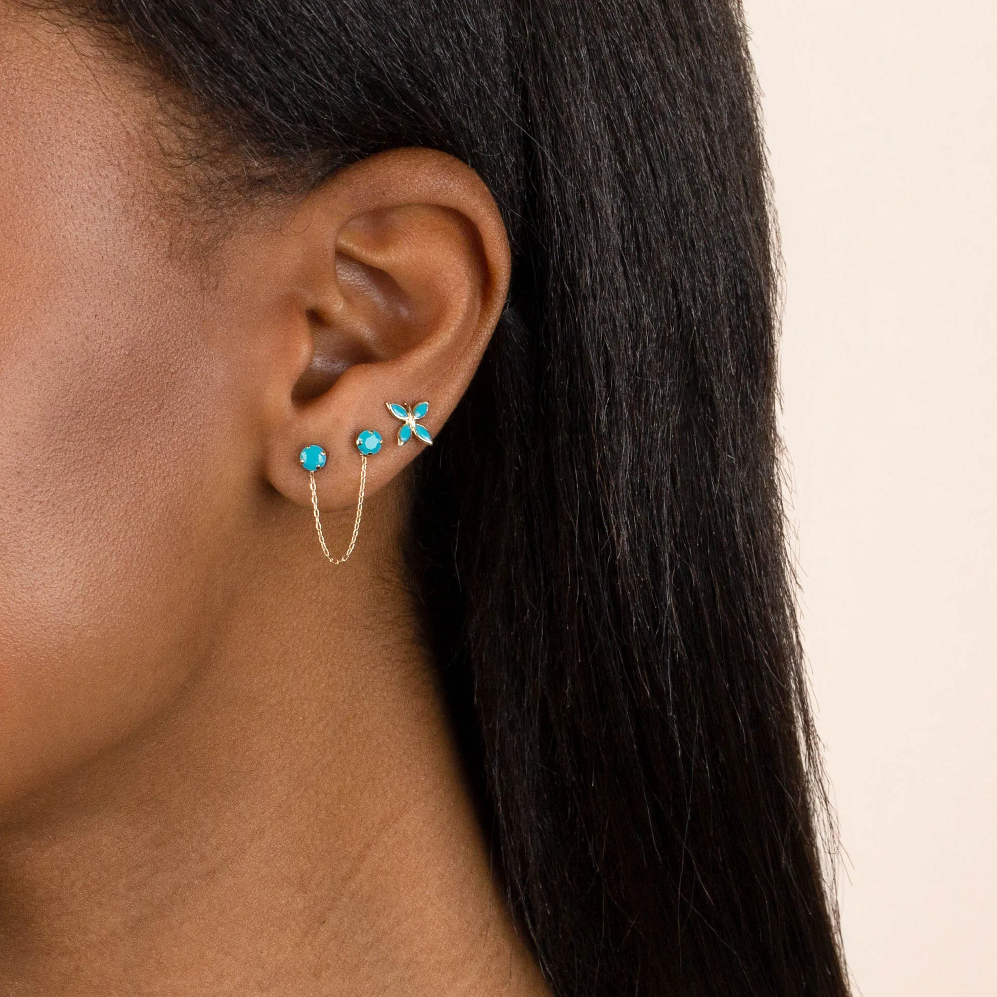 Turquoise Stone Double Chain Stud Earring 14K